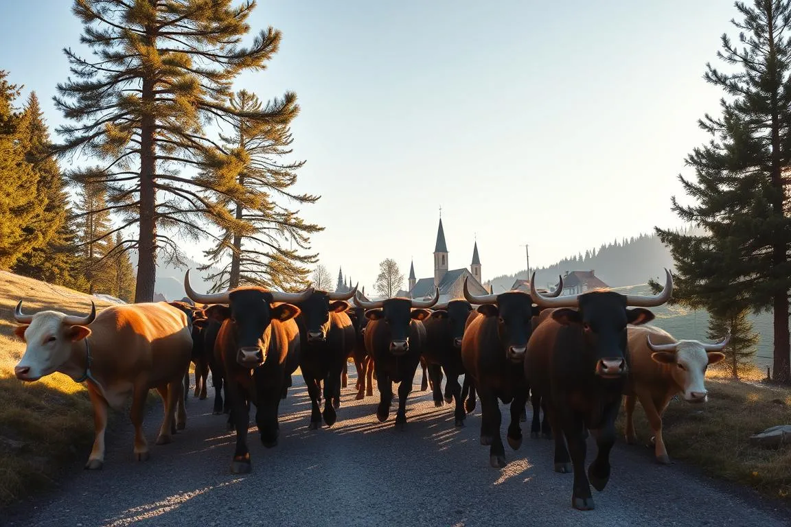A herd of Allgäu cattle descending from the alpine pastures, their sturdy frames and curved horns silhouetted against a crisp, clear sky. The animals move in a synchronized procession, their hooves crunching on the gravel path as local farmers guide them down the mountain. Warm sunlight filters through the surrounding pine trees, casting a golden glow over the scene. In the distance, the traditional Bavarian farmhouses and church steeples of the Allgäu region come into view, completing this quintessential autumnal pastoral landscape. A classic Viehscheid, a timeless tradition of the Allgäu.
