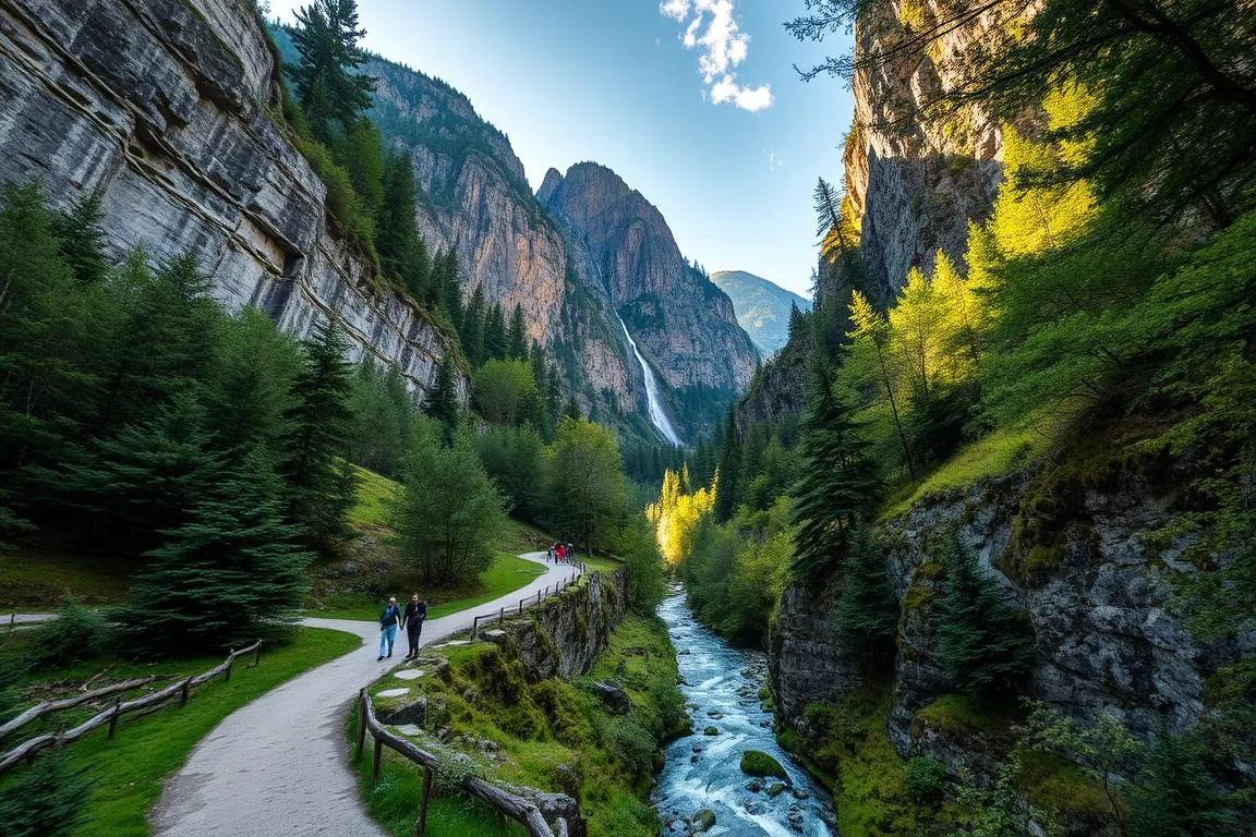 A picturesque gorge nestled in the Bavarian Alps, Hölltobel-Klamm features towering rock walls, cascading waterfalls, and a winding trail leading hikers through a lush, verdant landscape. Capture the rugged beauty of this natural wonder, with sunlight filtering through the trees and casting a warm glow over the dramatic cliffs. Compose the scene from a low angle, drawing the viewer's eye upwards towards the towering rock formations. Include the meandering stream cutting through the valley, its crystal-clear waters reflecting the surrounding scenery. Convey a sense of serene tranquility, inviting the viewer to immerse themselves in the untamed splendor of this picturesque Bavarian trail.