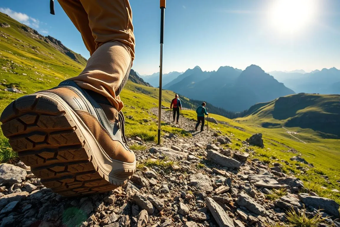 A rugged mountain trail winds through lush alpine meadows, leading to the iconic Gaisalpe. In the foreground, a hiker's sturdy boots grip the uneven terrain, demonstrating the importance of Trittsicherheit, or surefooted stability, on this challenging trek. The middle ground reveals hikers carefully navigating rocky sections, their trekking poles providing balance and support. Overhead, the sun casts a warm, golden glow, illuminating the breathtaking landscape of towering peaks and verdant slopes. The scene conveys the necessary equipment and caution required for a safe and enjoyable journey to the Gaisalpe.