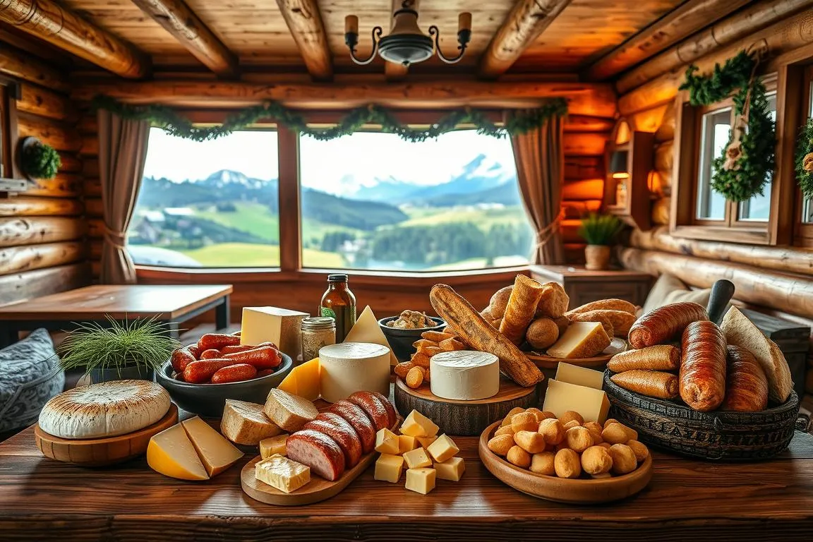 A traditional alpine setting in the heart of the Allgäu region, showcasing an array of local specialties. In the foreground, a rustic wooden table laden with a variety of Allgäu delicacies - fragrant cheeses, hearty sausages, crusty breads, and rich, creamy butter. Surrounding the table, cozy wooden benches and traditional Bavarian decor, with warm lighting casting a golden glow. In the middle ground, a glimpse of rolling green hills and snow-capped peaks beyond the cabin windows, hinting at the picturesque Allgäu landscape. The scene exudes a sense of tradition, comfort, and the joy of indulging in the region's finest culinary offerings.