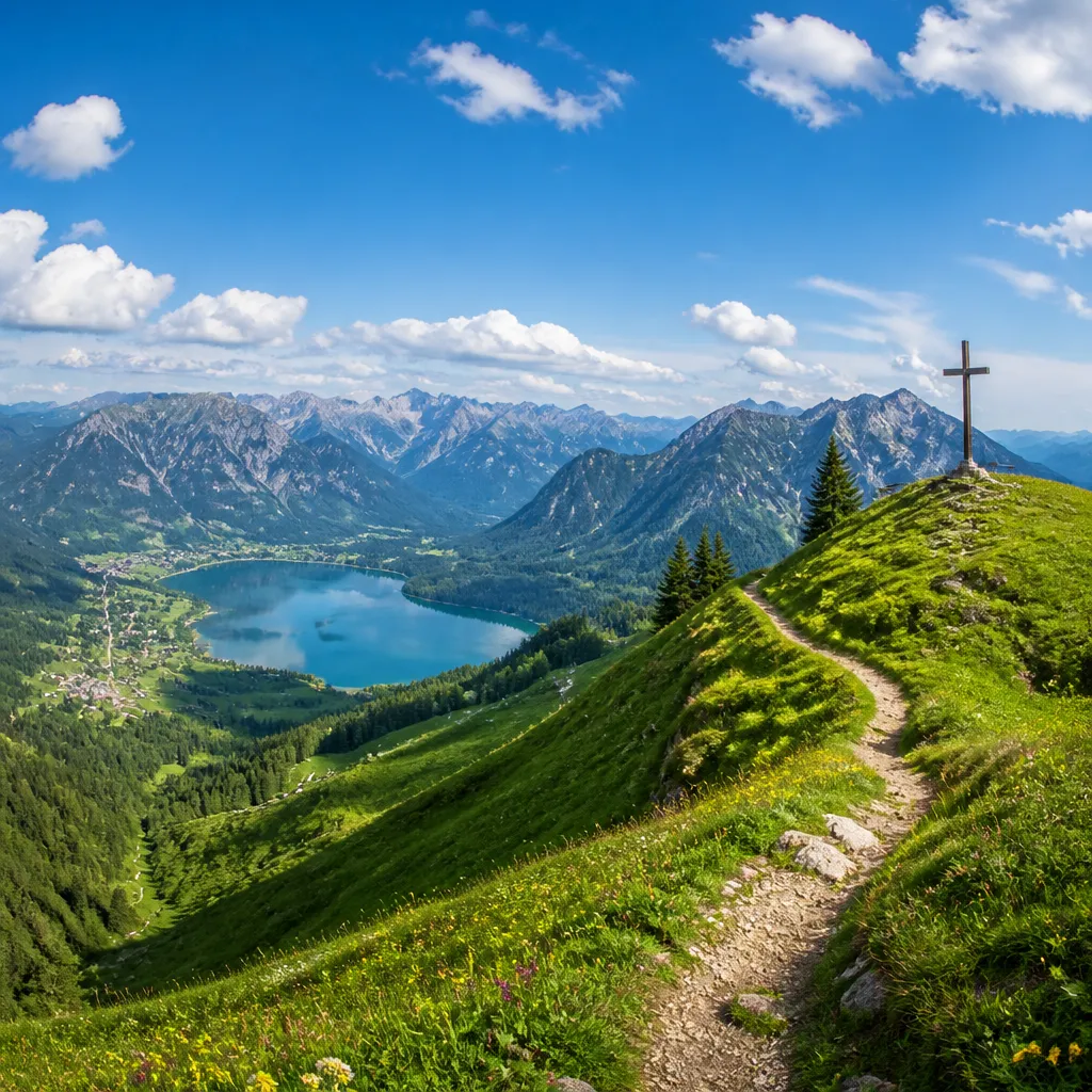 Wanderweg durch grüne Alpenlandschaft im Allgäu mit Bergpanorama im Hintergrund