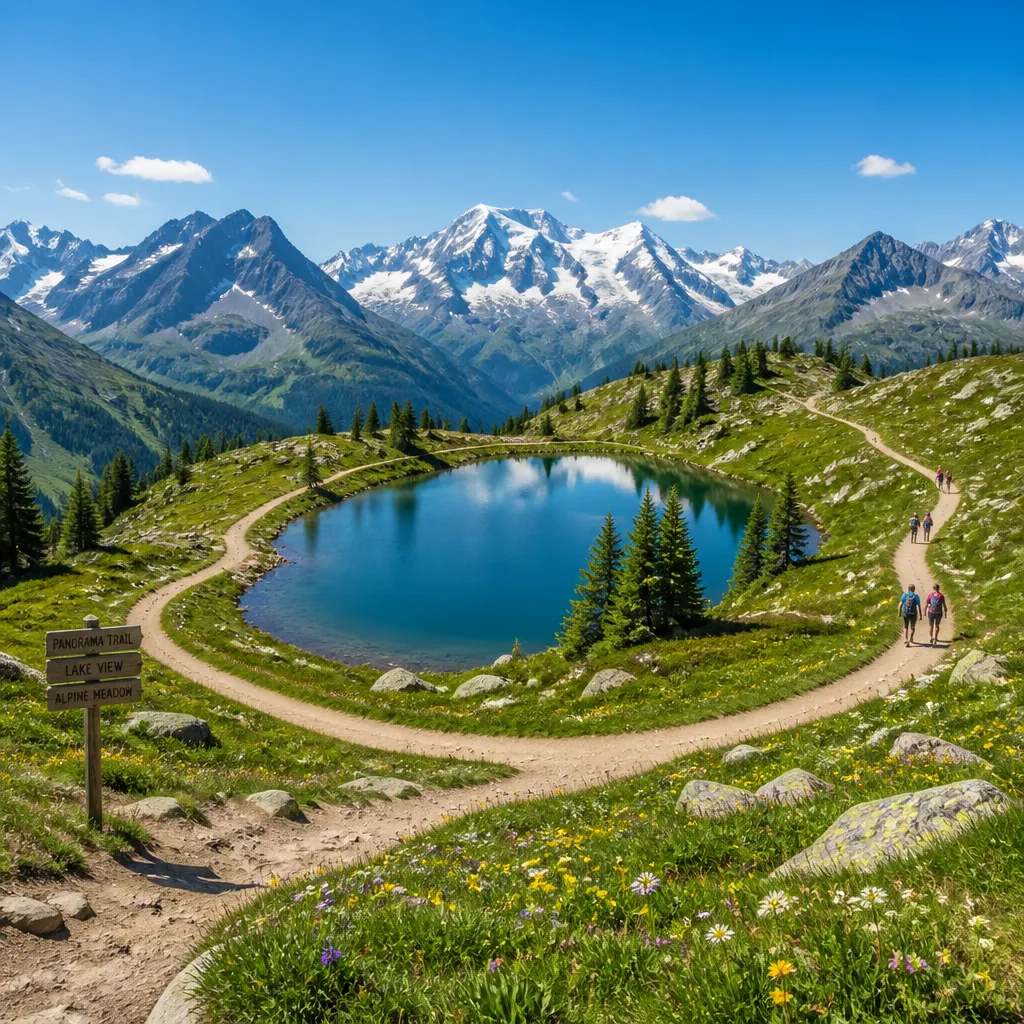 Rundwanderweg im Allgäu mit Bergsee und Alpenpanorama im Hintergrund