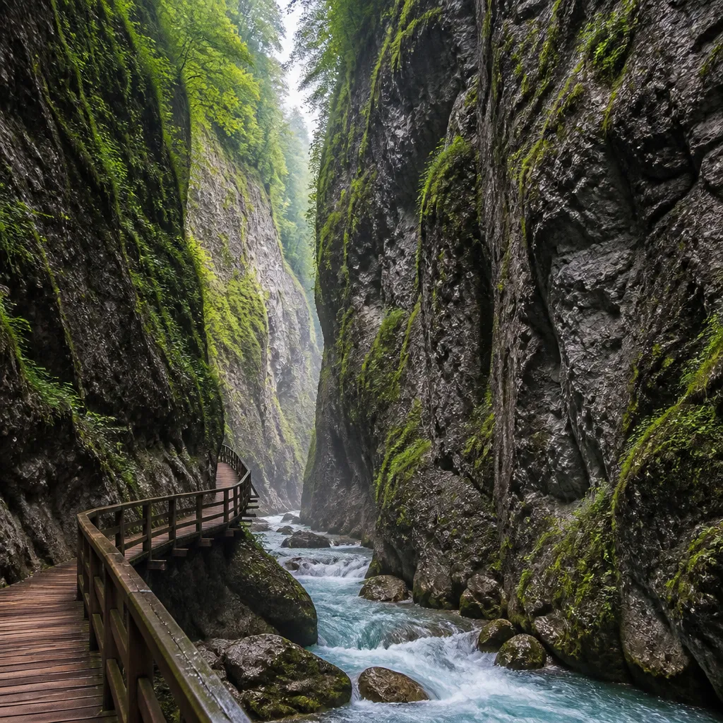 Steile Felswände der Breitachklamm im Allgäu mit Holzsteg entlang des Wildbachs