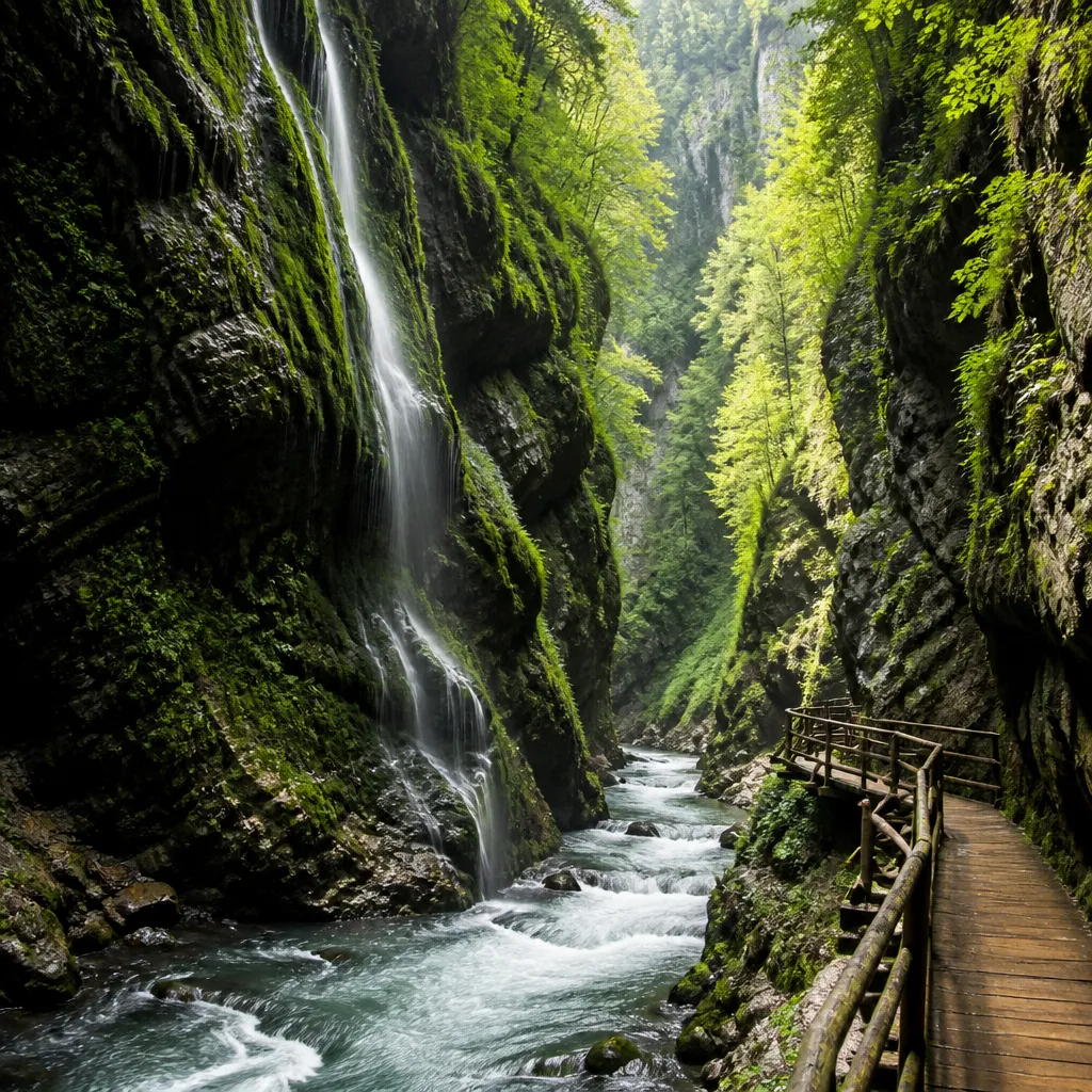 Enge Schlucht des Eistobel mit Wasserfall und moosbewachsenen Felswänden im Allgäu
