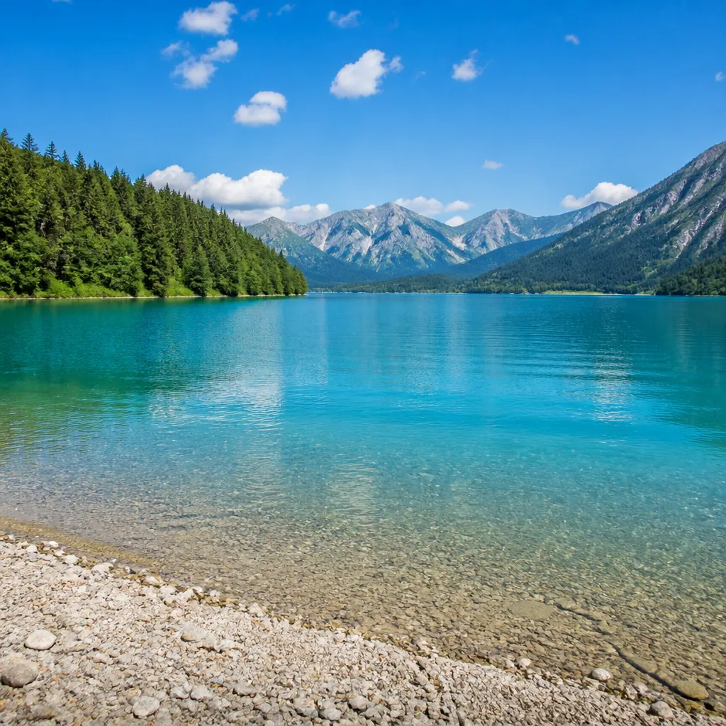 Türkisfarbener Weissensee im Allgäu bei Füssen mit Wald und Bergen im Hintergrund