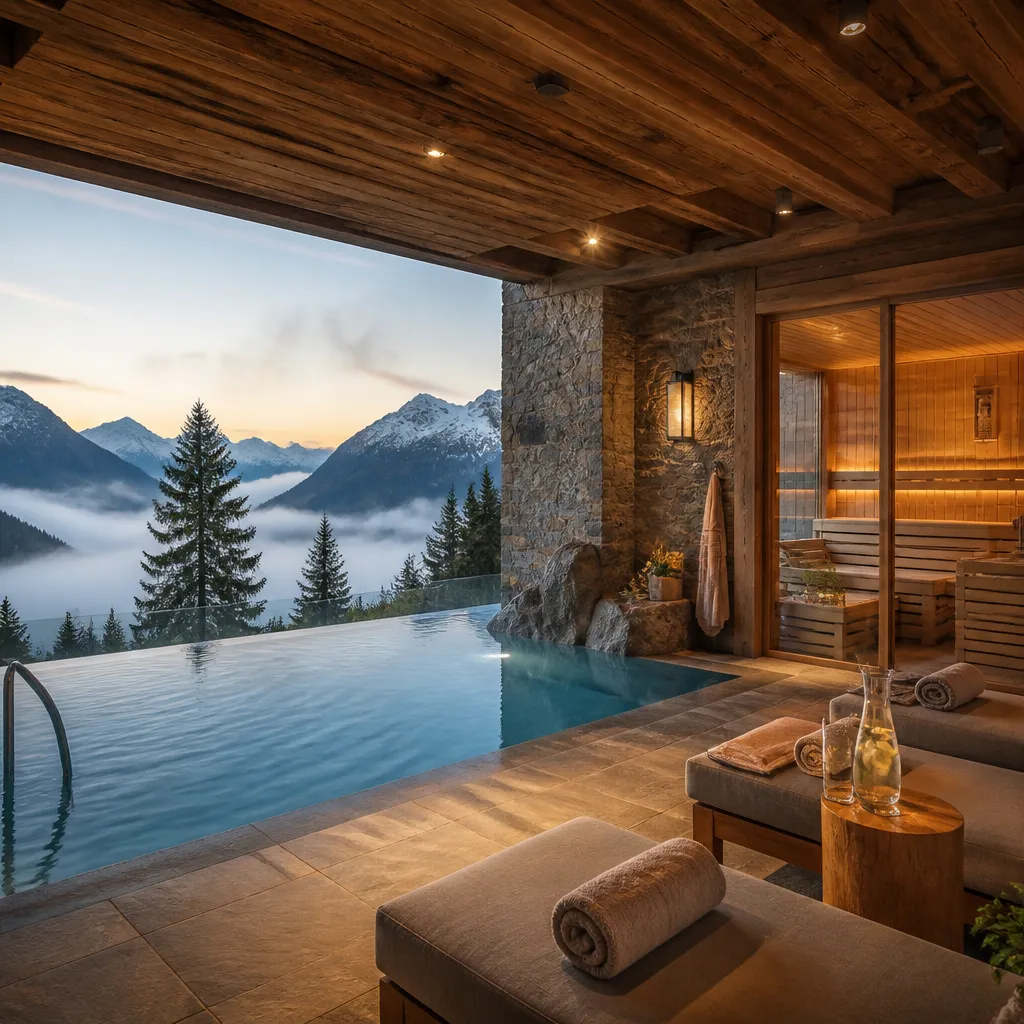 Infinity Pool mit Bergblick in einem Wellnesshotel im Allgäu bei Morgennebel