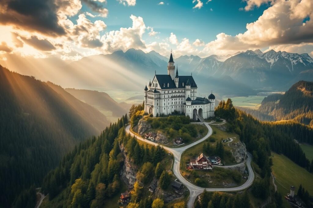 A breathtaking aerial view of Schloss Neuschwanstein, nestled in the picturesque Bavarian Alps. The imposing castle, perched atop a rugged clifftop, is framed by lush green forests and snow-capped peaks. The winding road leading up to the castle winds through a serene valley, dotted with quaint houses and lush meadows. Warm, golden sunlight filters through the clouds, casting a soft, romantic glow over the scene. The overall atmosphere evokes a sense of fairytale wonder and historic grandeur, perfectly capturing the essence of the "Märchenschloss" (fairy-tale castle). A breathtaking aerial view of Schloss Neuschwanstein, nestled in the picturesque Bavarian Alps. The imposing castle, perched atop a rugged clifftop, is framed by lush green forests and snow-capped peaks. The winding road leading up to the castle winds through a serene valley, dotted with quaint houses and lush meadows. Warm, golden sunlight filters through the clouds, casting a soft, romantic glow over the scene. The overall atmosphere evokes a sense of fairytale wonder and historic grandeur, perfectly capturing the essence of the "Märchenschloss" (fairy-tale castle).