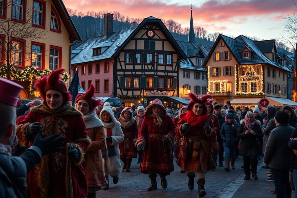 A bustling street scene on a winter's eve, the air crisp and the sky aglow with the warm hues of dusk. In the foreground, a lively procession of figures in elaborate costumes and masks, their movements animated and energetic, enacting the ancient Klausentreiben tradition. In the middle ground, crowds of onlookers, bundled against the cold, their faces alight with wonder and excitement. In the background, the historic buildings of a quaint alpine town, their facades adorned with twinkling lights, setting the stage for this captivating seasonal spectacle. Capture the spirit of this cherished holiday custom with a cinematic wide-angle lens, the lighting balanced to create a magical, almost fairytale-like atmosphere. A bustling street scene on a winter's eve, the air crisp and the sky aglow with the warm hues of dusk. In the foreground, a lively procession of figures in elaborate costumes and masks, their movements animated and energetic, enacting the ancient Klausentreiben tradition. In the middle ground, crowds of onlookers, bundled against the cold, their faces alight with wonder and excitement. In the background, the historic buildings of a quaint alpine town, their facades adorned with twinkling lights, setting the stage for this captivating seasonal spectacle. Capture the spirit of this cherished holiday custom with a cinematic wide-angle lens, the lighting balanced to create a magical, almost fairytale-like atmosphere.