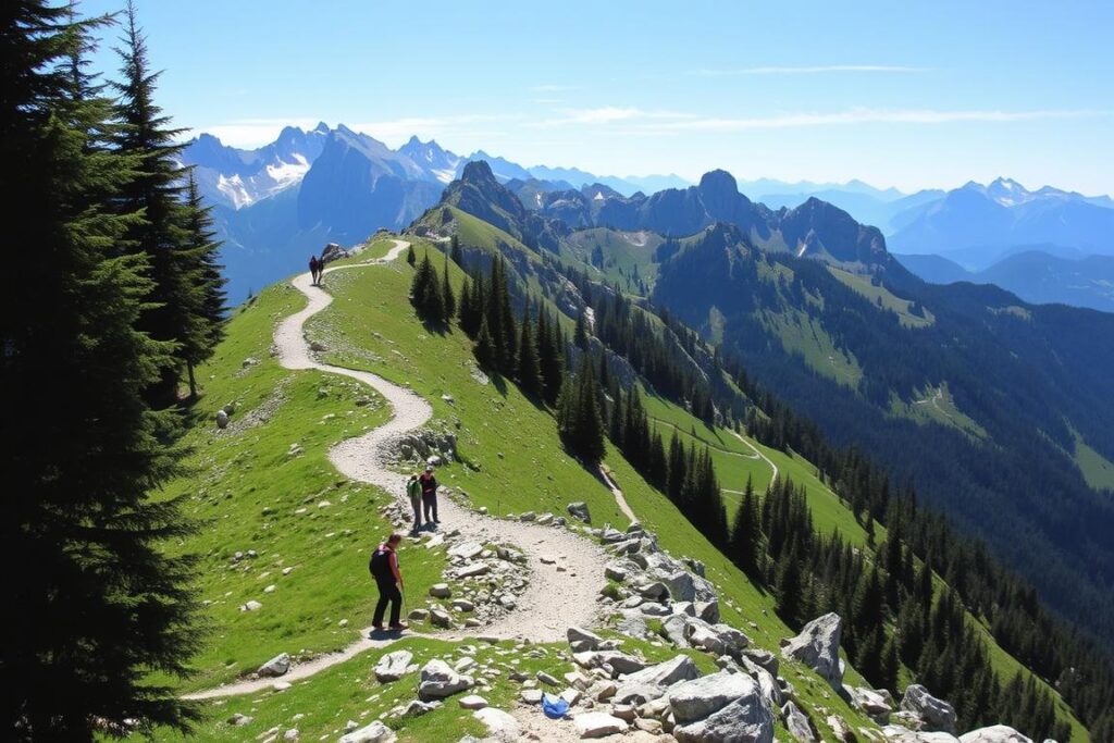 A challenging alpine hike through the picturesque Allgäu mountains, the Besler-Gipfeltour features steep, rocky terrain and exposed ridges. Dramatic, craggy peaks loom in the distance, their snow-capped summits glinting in the clear mountain air. Hikers navigate winding paths that cut through lush, verdant meadows, carefully picking their way over loose scree and jagged boulders. Towering evergreen forests flank the trail, casting deep shadows across the rugged landscape. The trail demands agility, endurance and sure-footedness, presenting a challenging, yet deeply rewarding alpine experience for the experienced adventurer. A challenging alpine hike through the picturesque Allgäu mountains, the Besler-Gipfeltour features steep, rocky terrain and exposed ridges. Dramatic, craggy peaks loom in the distance, their snow-capped summits glinting in the clear mountain air. Hikers navigate winding paths that cut through lush, verdant meadows, carefully picking their way over loose scree and jagged boulders. Towering evergreen forests flank the trail, casting deep shadows across the rugged landscape. The trail demands agility, endurance and sure-footedness, presenting a challenging, yet deeply rewarding alpine experience for the experienced adventurer.