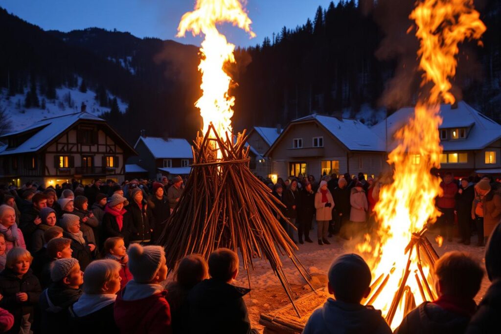 A cozy village in the Allgäu region, nestled between rolling hills and snow-capped peaks. As the sun dips behind the mountains, the villagers gather around a towering pile of dry branches and logs, their faces aglow in the flickering firelight. The Funkenfeuer, a centuries-old tradition, is about to begin. Tall flames lick the air, casting an amber glow over the scene as the crowd watches in reverence. In the foreground, a group of children eagerly await the moment when the fire is lit, their excitement palpable. In the background, traditional Allgäu-style houses stand witness to this timeless ritual, their warm lights twinkling in the night. The air is crisp and clear, and the atmosphere is one of community, tradition, and the welcoming of the coming spring. A cozy village in the Allgäu region, nestled between rolling hills and snow-capped peaks. As the sun dips behind the mountains, the villagers gather around a towering pile of dry branches and logs, their faces aglow in the flickering firelight. The Funkenfeuer, a centuries-old tradition, is about to begin. Tall flames lick the air, casting an amber glow over the scene as the crowd watches in reverence. In the foreground, a group of children eagerly await the moment when the fire is lit, their excitement palpable. In the background, traditional Allgäu-style houses stand witness to this timeless ritual, their warm lights twinkling in the night. The air is crisp and clear, and the atmosphere is one of community, tradition, and the welcoming of the coming spring.