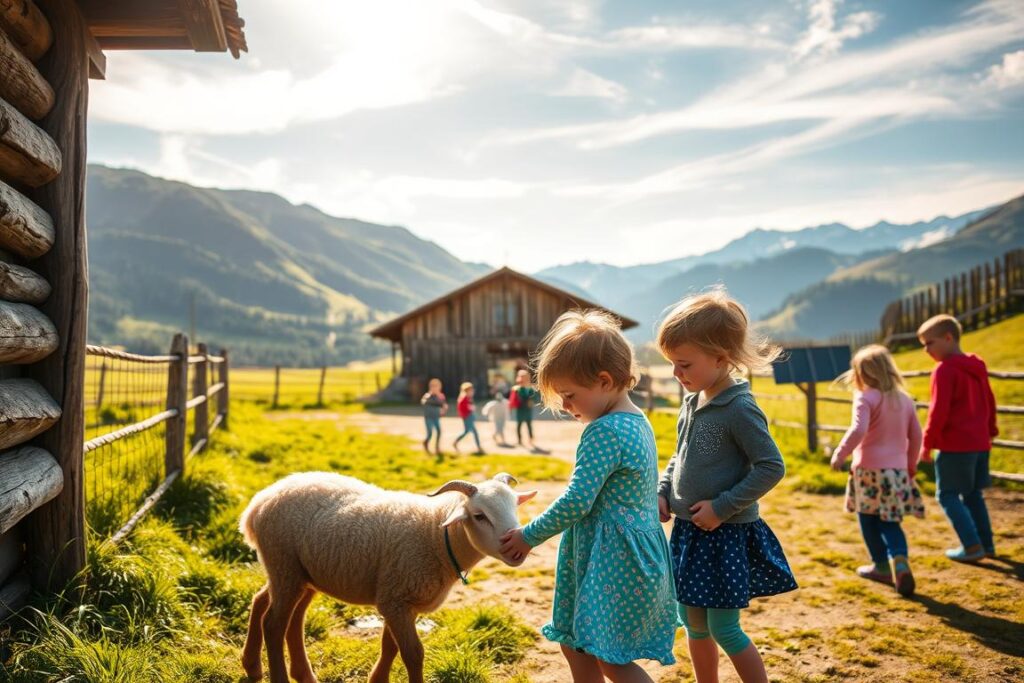 A group of children exploring the Allgäuer Bergbauernmuseum, a rustic outdoor museum that celebrates the traditional way of life of mountain farmers in the Allgäu region. In the foreground, two young kids playfully interact with a gentle farm animal, such as a sheep or goat, while a few others wander curiously through an old wooden barn in the middle ground. In the background, lush green hills and snow-capped peaks frame the idyllic scene, bathed in warm, golden sunlight that filters through wispy clouds. The atmosphere is one of wonder, discovery, and connection with the region's pastoral heritage, inspiring a sense of awe and appreciation for the simple joys of rural life.