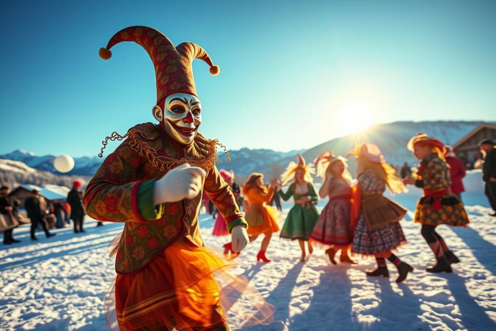 A group of colorful and intricately costumed "Narren" (traditional carnival fools) stand in a festive winter landscape, illuminated by warm golden light. In the foreground, a tall, masked figure with an exaggerated jester's hat and vibrant patterned clothing strikes a dynamic pose, their movements captured in a blur. In the middle ground, a cluster of other "Narren" dance and cavort, their masks and outfits a dazzling display of creativity and tradition. The background is a snowy alpine scene, with distant mountains and a clear blue sky overhead, evoking the distinct regional character of the Allgäu Fasnat carnival celebrations. A group of colorful and intricately costumed "Narren" (traditional carnival fools) stand in a festive winter landscape, illuminated by warm golden light. In the foreground, a tall, masked figure with an exaggerated jester's hat and vibrant patterned clothing strikes a dynamic pose, their movements captured in a blur. In the middle ground, a cluster of other "Narren" dance and cavort, their masks and outfits a dazzling display of creativity and tradition. The background is a snowy alpine scene, with distant mountains and a clear blue sky overhead, evoking the distinct regional character of the Allgäu Fasnat carnival celebrations.