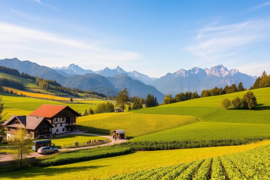 A lush, rolling landscape of the Allgäu region, showcasing the vibrant colors and diverse ecosystems of organic farming. In the foreground, a picturesque family-owned farm with traditional timber-framed buildings, surrounded by verdant pastures and neatly tended fields of organic produce. In the middle ground, a group of local farmers tending to their crops, using sustainable farming techniques that preserve the land's natural balance. In the background, the majestic peaks of the Allgäu Alps serve as a breathtaking backdrop, highlighting the region's stunning natural beauty. The scene is bathed in warm, golden sunlight, casting a serene and tranquil atmosphere that exemplifies the harmony between nature and human stewardship. A lush, rolling landscape of the Allgäu region, showcasing the vibrant colors and diverse ecosystems of organic farming. In the foreground, a picturesque family-owned farm with traditional timber-framed buildings, surrounded by verdant pastures and neatly tended fields of organic produce. In the middle ground, a group of local farmers tending to their crops, using sustainable farming techniques that preserve the land's natural balance. In the background, the majestic peaks of the Allgäu Alps serve as a breathtaking backdrop, highlighting the region's stunning natural beauty. The scene is bathed in warm, golden sunlight, casting a serene and tranquil atmosphere that exemplifies the harmony between nature and human stewardship.