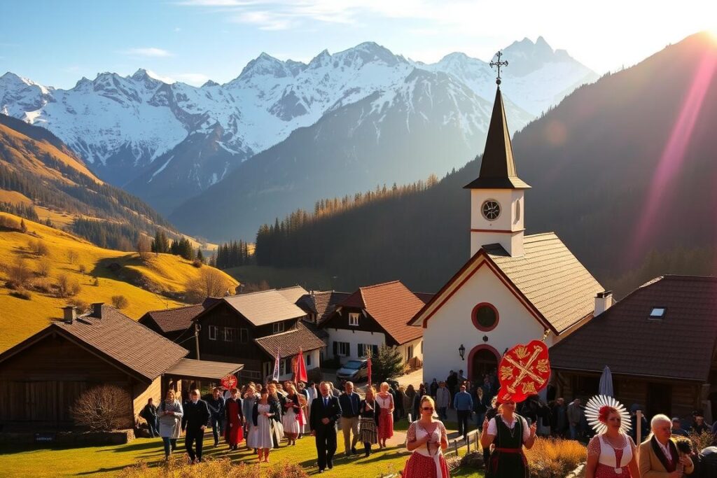 A majestic alpine landscape in the Allgäu region, with a traditional Bergmesse (mountain mass) taking place in a picturesque village nestled between rolling hills and towering peaks. The scene is bathed in warm, golden light, casting a reverent, serene atmosphere over the quaint church and its surrounding buildings. In the foreground, a procession of locals in traditional Bavarian dress makes its way towards the chapel, carrying ornate religious flags and symbols. The middle ground features the charming village, its tiled roofs and wooden structures blending seamlessly with the natural surroundings. In the distance, snow-capped mountains rise majestically, their imposing silhouettes framing the peaceful tableau. Overall, the image conveys the timeless, cherished tradition of Bergmessen in the Allgäu, a celebration of faith, community, and the awe-inspiring beauty of the alpine landscape. A majestic alpine landscape in the Allgäu region, with a traditional Bergmesse (mountain mass) taking place in a picturesque village nestled between rolling hills and towering peaks. The scene is bathed in warm, golden light, casting a reverent, serene atmosphere over the quaint church and its surrounding buildings. In the foreground, a procession of locals in traditional Bavarian dress makes its way towards the chapel, carrying ornate religious flags and symbols. The middle ground features the charming village, its tiled roofs and wooden structures blending seamlessly with the natural surroundings. In the distance, snow-capped mountains rise majestically, their imposing silhouettes framing the peaceful tableau. Overall, the image conveys the timeless, cherished tradition of Bergmessen in the Allgäu, a celebration of faith, community, and the awe-inspiring beauty of the alpine landscape.