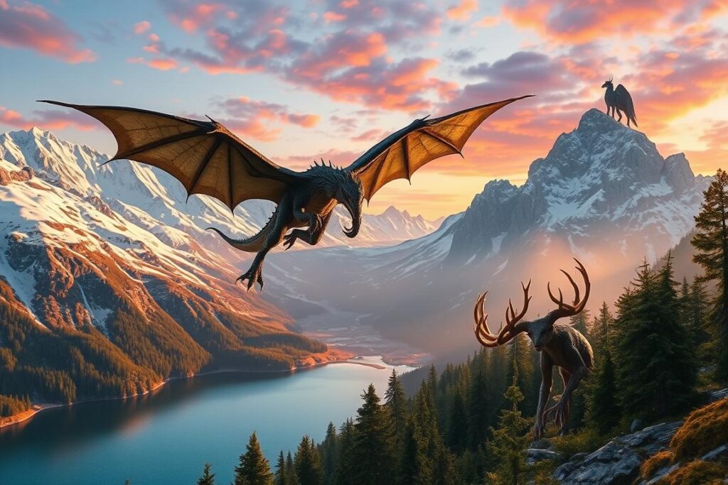 A majestic, snow-capped mountain landscape in the Allgäu region, with mythical creatures emerging from the rugged terrain. In the foreground, a mighty, winged dragon soars above a tranquil alpine lake, its scales shimmering in the warm, golden sunlight. In the middle ground, a group of enigmatic, humanoid figures with antler-like horns and mossy, bark-like skin peer out from a dense, enchanted forest. In the distance, a towering, winged figure with a stately, regal presence surveys the scene from atop a craggy peak, its form silhouetted against a vibrant, dusky sky. The entire image conveys a sense of ancient, primal magic and the timeless wonder of the Allgäu's mythical landscapes. A majestic, snow-capped mountain landscape in the Allgäu region, with mythical creatures emerging from the rugged terrain. In the foreground, a mighty, winged dragon soars above a tranquil alpine lake, its scales shimmering in the warm, golden sunlight. In the middle ground, a group of enigmatic, humanoid figures with antler-like horns and mossy, bark-like skin peer out from a dense, enchanted forest. In the distance, a towering, winged figure with a stately, regal presence surveys the scene from atop a craggy peak, its form silhouetted against a vibrant, dusky sky. The entire image conveys a sense of ancient, primal magic and the timeless wonder of the Allgäu's mythical landscapes.