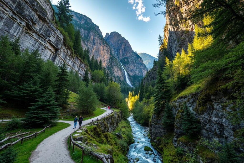 A picturesque gorge nestled in the Bavarian Alps, Hölltobel-Klamm features towering rock walls, cascading waterfalls, and a winding trail leading hikers through a lush, verdant landscape. Capture the rugged beauty of this natural wonder, with sunlight filtering through the trees and casting a warm glow over the dramatic cliffs. Compose the scene from a low angle, drawing the viewer's eye upwards towards the towering rock formations. Include the meandering stream cutting through the valley, its crystal-clear waters reflecting the surrounding scenery. Convey a sense of serene tranquility, inviting the viewer to immerse themselves in the untamed splendor of this picturesque Bavarian trail. A picturesque gorge nestled in the Bavarian Alps, Hölltobel-Klamm features towering rock walls, cascading waterfalls, and a winding trail leading hikers through a lush, verdant landscape. Capture the rugged beauty of this natural wonder, with sunlight filtering through the trees and casting a warm glow over the dramatic cliffs. Compose the scene from a low angle, drawing the viewer's eye upwards towards the towering rock formations. Include the meandering stream cutting through the valley, its crystal-clear waters reflecting the surrounding scenery. Convey a sense of serene tranquility, inviting the viewer to immerse themselves in the untamed splendor of this picturesque Bavarian trail.