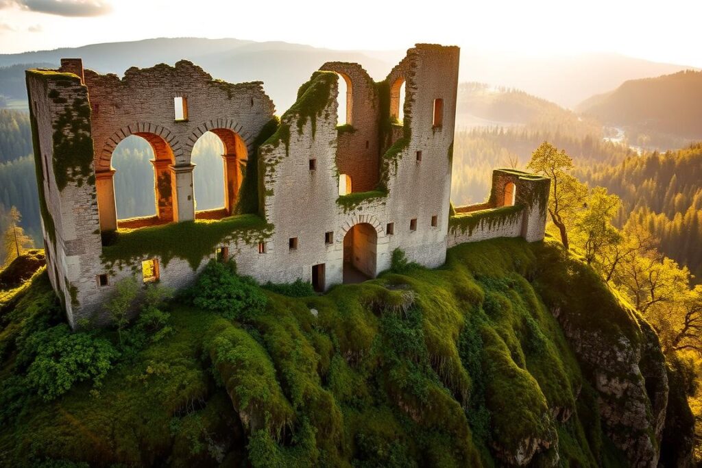 A picturesque medieval castle ruin perched atop a verdant hillside, the Highlights Burgruine Kalden stands in serene splendor. Sunlight filters through the crumbling stone arches, casting warm, golden hues across the weathered walls. Lush, mossy foliage cascades down the cliffs, framing the castle's silhouette against a backdrop of rolling, forested hills. The scene exudes a sense of timeless tranquility, inviting visitors to step back in time and immerse themselves in the historic charm of this captivating relic. Capture the essence of this captivating landmark through a detailed, wide-angle composition that showcases its breathtaking natural setting and enduring architectural beauty. A picturesque medieval castle ruin perched atop a verdant hillside, the Highlights Burgruine Kalden stands in serene splendor. Sunlight filters through the crumbling stone arches, casting warm, golden hues across the weathered walls. Lush, mossy foliage cascades down the cliffs, framing the castle's silhouette against a backdrop of rolling, forested hills. The scene exudes a sense of timeless tranquility, inviting visitors to step back in time and immerse themselves in the historic charm of this captivating relic. Capture the essence of this captivating landmark through a detailed, wide-angle composition that showcases its breathtaking natural setting and enduring architectural beauty.
