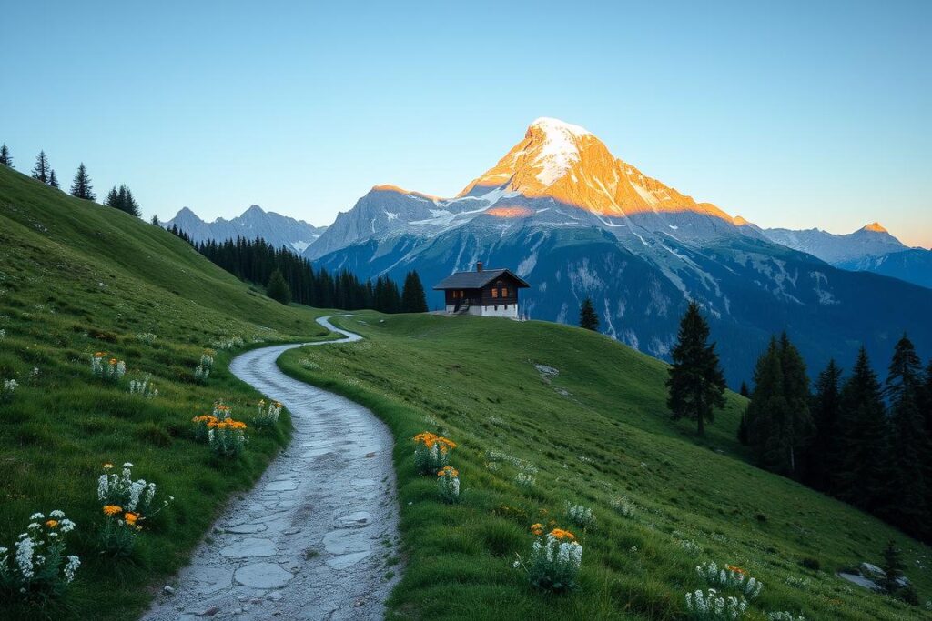 A picturesque mountain trail leading to the Imberger Horn Startpunkt, the starting point for a scenic hiking adventure. The foreground features a well-marked path winding through lush alpine meadows, dotted with wildflowers and framed by towering peaks. In the middle ground, a cozy mountain hut stands as a welcome respite, its rustic charm blending seamlessly with the rugged landscape. The background showcases the majestic Imberger Horn, its snow-capped summit glowing in the soft, warm light of the golden hour. The scene evokes a sense of tranquility and exploration, inviting the viewer to embark on an unforgettable journey through the heart of the Bavarian Alps.