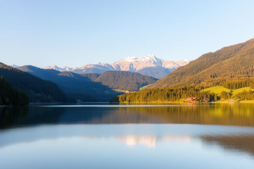 A serene, scenic landscape of the Lage Forggensee, a picturesque lake nestled amidst the rolling hills of the Bavarian countryside. In the foreground, the calm, mirror-like surface of the lake reflects the surrounding trees and mountains, creating a tranquil, almost ethereal atmosphere. In the middle ground, lush, verdant forests climb the gentle slopes, their verdant hues complemented by the azure sky above. In the background, the majestic peaks of the Allgäu Alps rise majestically, their snow-capped summits glimmering in the soft, golden light of the setting sun. The scene is bathed in a warm, golden glow, evoking a sense of serenity and natural beauty. Captured with a wide-angle lens to showcase the expansive, panoramic vista, this image perfectly captures the picturesque appeal of the Lage Forggensee. A serene, scenic landscape of the Lage Forggensee, a picturesque lake nestled amidst the rolling hills of the Bavarian countryside. In the foreground, the calm, mirror-like surface of the lake reflects the surrounding trees and mountains, creating a tranquil, almost ethereal atmosphere. In the middle ground, lush, verdant forests climb the gentle slopes, their verdant hues complemented by the azure sky above. In the background, the majestic peaks of the Allgäu Alps rise majestically, their snow-capped summits glimmering in the soft, golden light of the setting sun. The scene is bathed in a warm, golden glow, evoking a sense of serenity and natural beauty. Captured with a wide-angle lens to showcase the expansive, panoramic vista, this image perfectly captures the picturesque appeal of the Lage Forggensee.