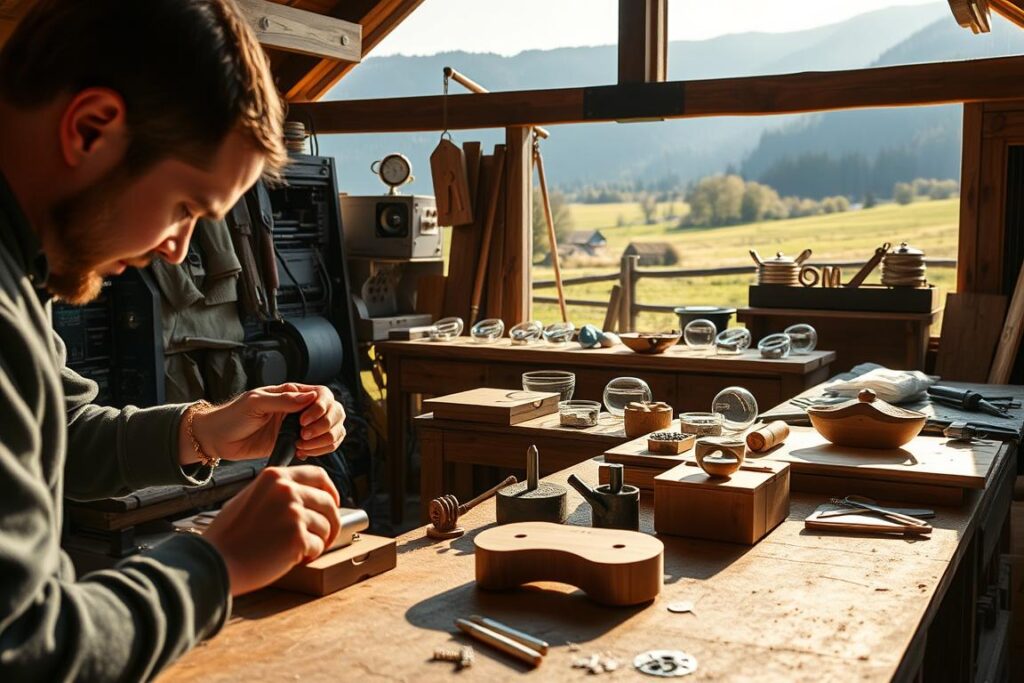 A traditional Allgäu workshop with a modern twist. In the foreground, a skilled artisan works on a cutting-edge, precision-engineered product, their hands deftly guiding the latest tools. The middle ground showcases a range of innovative handcrafted items, blending timeless techniques with contemporary design. In the background, a serene Allgäu landscape provides a natural backdrop, hinting at the region's enduring heritage. Warm, natural lighting illuminates the scene, casting a soft glow and highlighting the juxtaposition of old and new. The overall atmosphere conveys a harmonious fusion of Allgäu craftsmanship and visionary thinking, a testament to the region's ability to preserve tradition while embracing the future. A traditional Allgäu workshop with a modern twist. In the foreground, a skilled artisan works on a cutting-edge, precision-engineered product, their hands deftly guiding the latest tools. The middle ground showcases a range of innovative handcrafted items, blending timeless techniques with contemporary design. In the background, a serene Allgäu landscape provides a natural backdrop, hinting at the region's enduring heritage. Warm, natural lighting illuminates the scene, casting a soft glow and highlighting the juxtaposition of old and new. The overall atmosphere conveys a harmonious fusion of Allgäu craftsmanship and visionary thinking, a testament to the region's ability to preserve tradition while embracing the future.