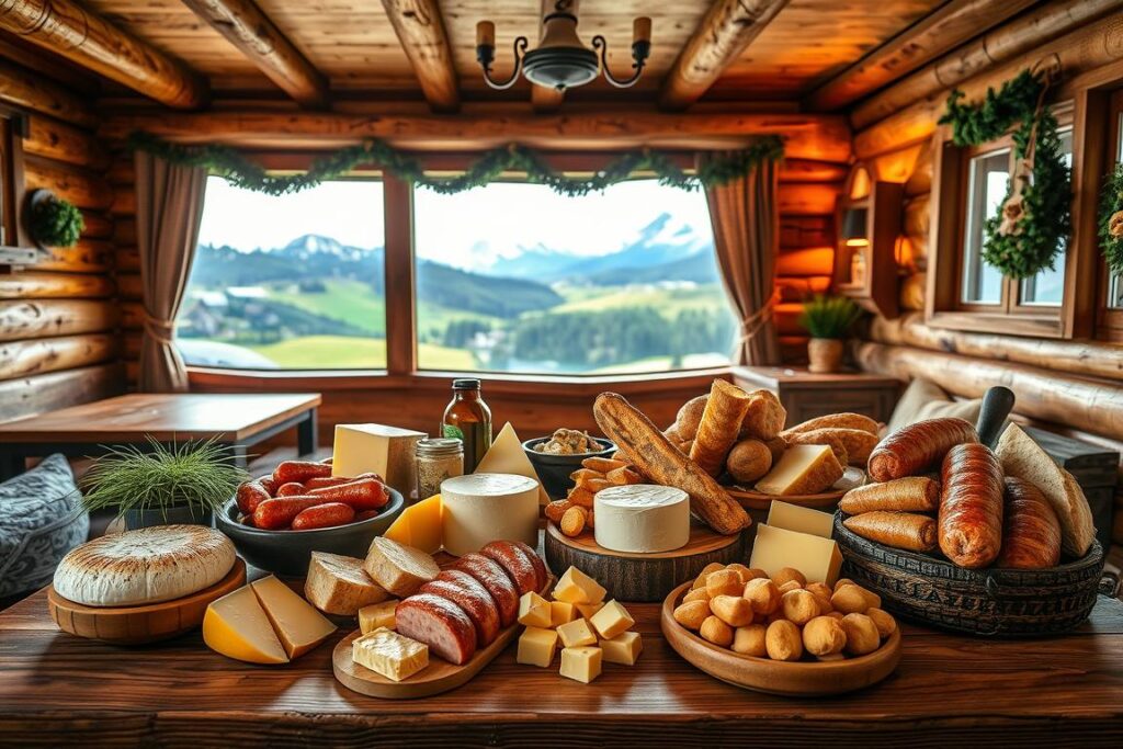 A traditional alpine setting in the heart of the Allgäu region, showcasing an array of local specialties. In the foreground, a rustic wooden table laden with a variety of Allgäu delicacies - fragrant cheeses, hearty sausages, crusty breads, and rich, creamy butter. Surrounding the table, cozy wooden benches and traditional Bavarian decor, with warm lighting casting a golden glow. In the middle ground, a glimpse of rolling green hills and snow-capped peaks beyond the cabin windows, hinting at the picturesque Allgäu landscape. The scene exudes a sense of tradition, comfort, and the joy of indulging in the region's finest culinary offerings. A traditional alpine setting in the heart of the Allgäu region, showcasing an array of local specialties. In the foreground, a rustic wooden table laden with a variety of Allgäu delicacies - fragrant cheeses, hearty sausages, crusty breads, and rich, creamy butter. Surrounding the table, cozy wooden benches and traditional Bavarian decor, with warm lighting casting a golden glow. In the middle ground, a glimpse of rolling green hills and snow-capped peaks beyond the cabin windows, hinting at the picturesque Allgäu landscape. The scene exudes a sense of tradition, comfort, and the joy of indulging in the region's finest culinary offerings.