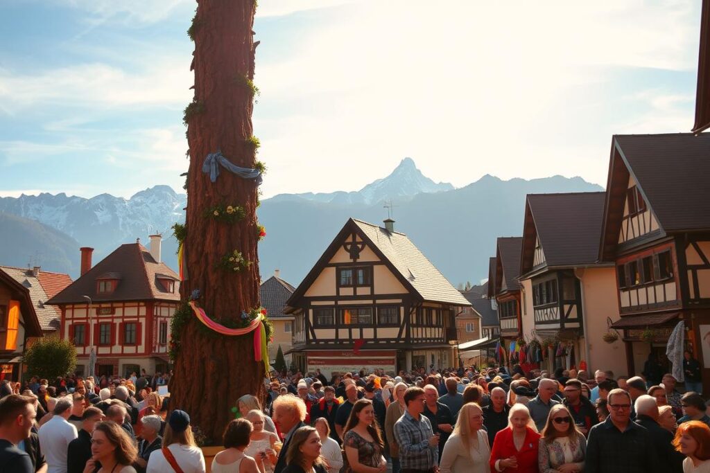 A vibrant scene of a traditional Maibaumaufstellen celebration in the Allgäu region. In the foreground, a towering, ornately decorated Maibaum stands proudly, its intricate carvings and colorful ribbons glistening in the warm, golden sunlight. Surrounding the Maibaum, a crowd of locals gathers, their festive attire and joyful expressions capturing the spirit of the occasion. In the middle ground, quaint half-timbered houses and charming cobblestone streets provide a picturesque backdrop, while in the distance, the majestic peaks of the Allgäu Alps rise majestically, framing the scene. The overall atmosphere is one of community, tradition, and the vibrant celebration of spring. A vibrant scene of a traditional Maibaumaufstellen celebration in the Allgäu region. In the foreground, a towering, ornately decorated Maibaum stands proudly, its intricate carvings and colorful ribbons glistening in the warm, golden sunlight. Surrounding the Maibaum, a crowd of locals gathers, their festive attire and joyful expressions capturing the spirit of the occasion. In the middle ground, quaint half-timbered houses and charming cobblestone streets provide a picturesque backdrop, while in the distance, the majestic peaks of the Allgäu Alps rise majestically, framing the scene. The overall atmosphere is one of community, tradition, and the vibrant celebration of spring.