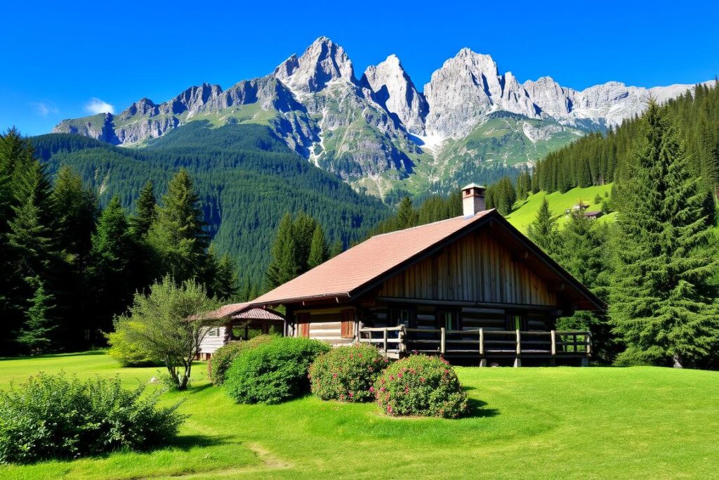 Ein Bild einer traditionellen Berghütte in den Allgäuer Alpen Ein Bild einer traditionellen Berghütte in den Allgäuer Alpen