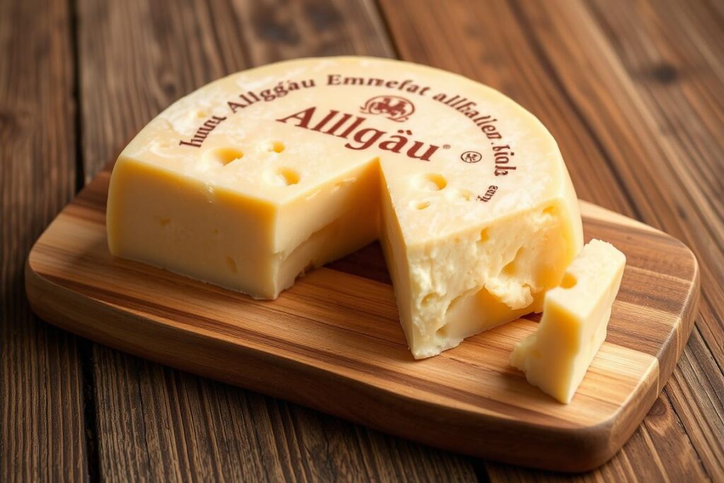 Ein Bild von Allgäuer Emmentaler auf einem Holzbrett Ein Bild von Allgäuer Emmentaler auf einem Holzbrett