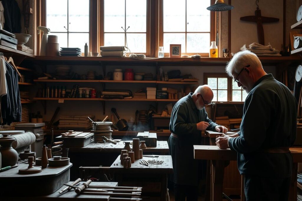 Ein Bild von Handwerkern bei der Arbeit in einer traditionellen Allgäuer Werkstatt Ein Bild von Handwerkern bei der Arbeit in einer traditionellen Allgäuer Werkstatt