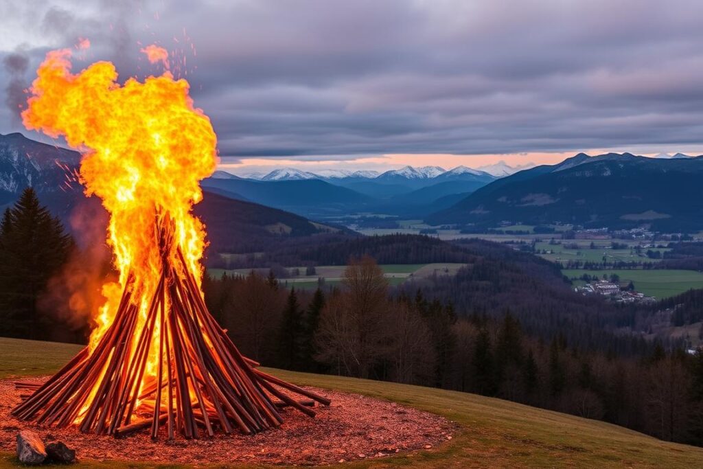 Ein Bild von Oy-Mittelberg mit seinem imposanten Funkenfeuer vor der malerischen Allgäuer Bergkulisse Ein Bild von Oy-Mittelberg mit seinem imposanten Funkenfeuer vor der malerischen Allgäuer Bergkulisse