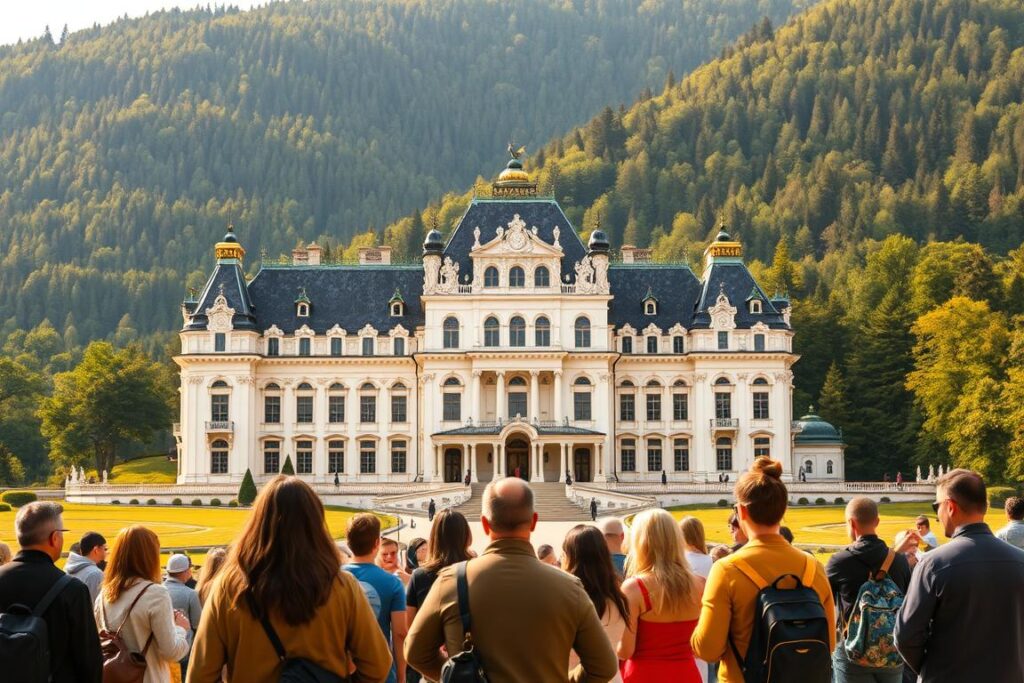 Schloss Linderhof Tickets: A Regal Encounter A grand, ornate palace set against a backdrop of lush, verdant hills. The façade of Schloss Linderhof, a masterpiece of 19th-century Bavarian architecture, commands attention, its intricate carvings and gleaming white marble radiating an aura of enchantment. In the foreground, a group of visitors stand in awe, holding their tickets, eager to step into the realm of King Ludwig II's fabled dreams. The scene is bathed in warm, golden light, creating a sense of timelessness and wonder, as if the castle itself has emerged from the pages of a fairy tale. Schloss Linderhof Tickets: A Regal Encounter A grand, ornate palace set against a backdrop of lush, verdant hills. The façade of Schloss Linderhof, a masterpiece of 19th-century Bavarian architecture, commands attention, its intricate carvings and gleaming white marble radiating an aura of enchantment. In the foreground, a group of visitors stand in awe, holding their tickets, eager to step into the realm of King Ludwig II's fabled dreams. The scene is bathed in warm, golden light, creating a sense of timelessness and wonder, as if the castle itself has emerged from the pages of a fairy tale.